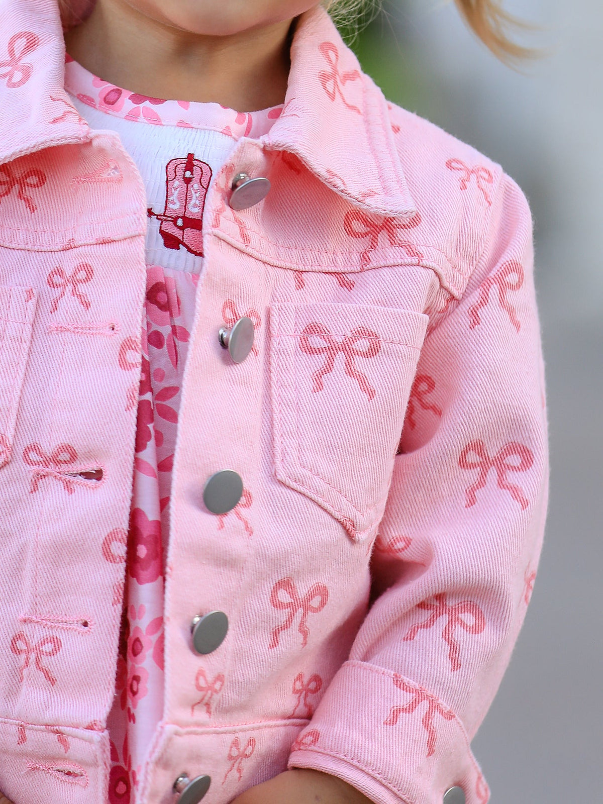 Pink girls butterfly denim jacket with long sleeves from Rylee Faith Designs for toddlers