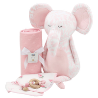 pink knit baby blanket rolled next to a pink patterned elephant plush and newborn teething toys
