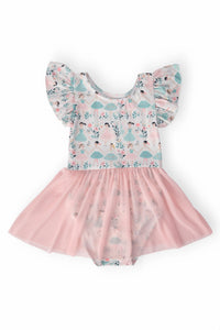 toddler pink leotard with mesh skirt and ballerina print short sleeves by Mila and Rose