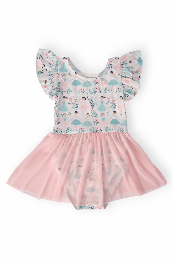 toddler pink leotard with mesh skirt and ballerina print short sleeves by Mila and Rose