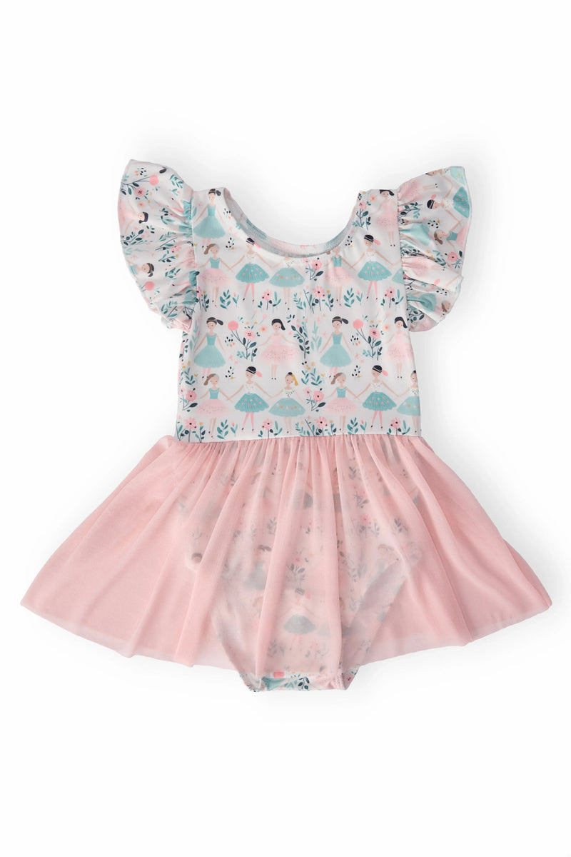 toddler pink leotard with mesh skirt and ballerina print short sleeves by Mila and Rose