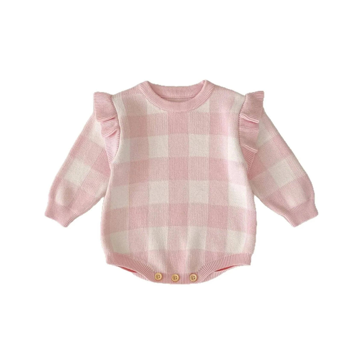 pink plaid baby romper for infants with ruffle sleeves and button closure at bottom