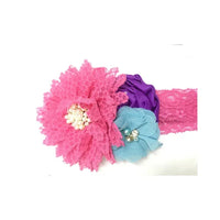 pink lace headband for babies with pink, purple, and blue flower hair accessories featuring pearl and rhinestone centers