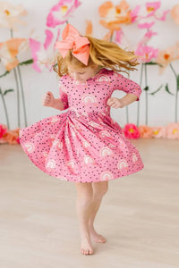 Girls pink rainbow twirl dress for girls with 3/4 sleeves and pocket by Mila Rose