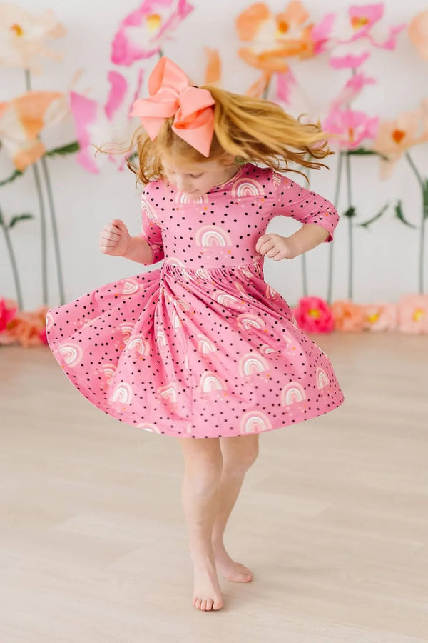 Girls pink rainbow twirl dress for girls with 3/4 sleeves and pocket by Mila Rose