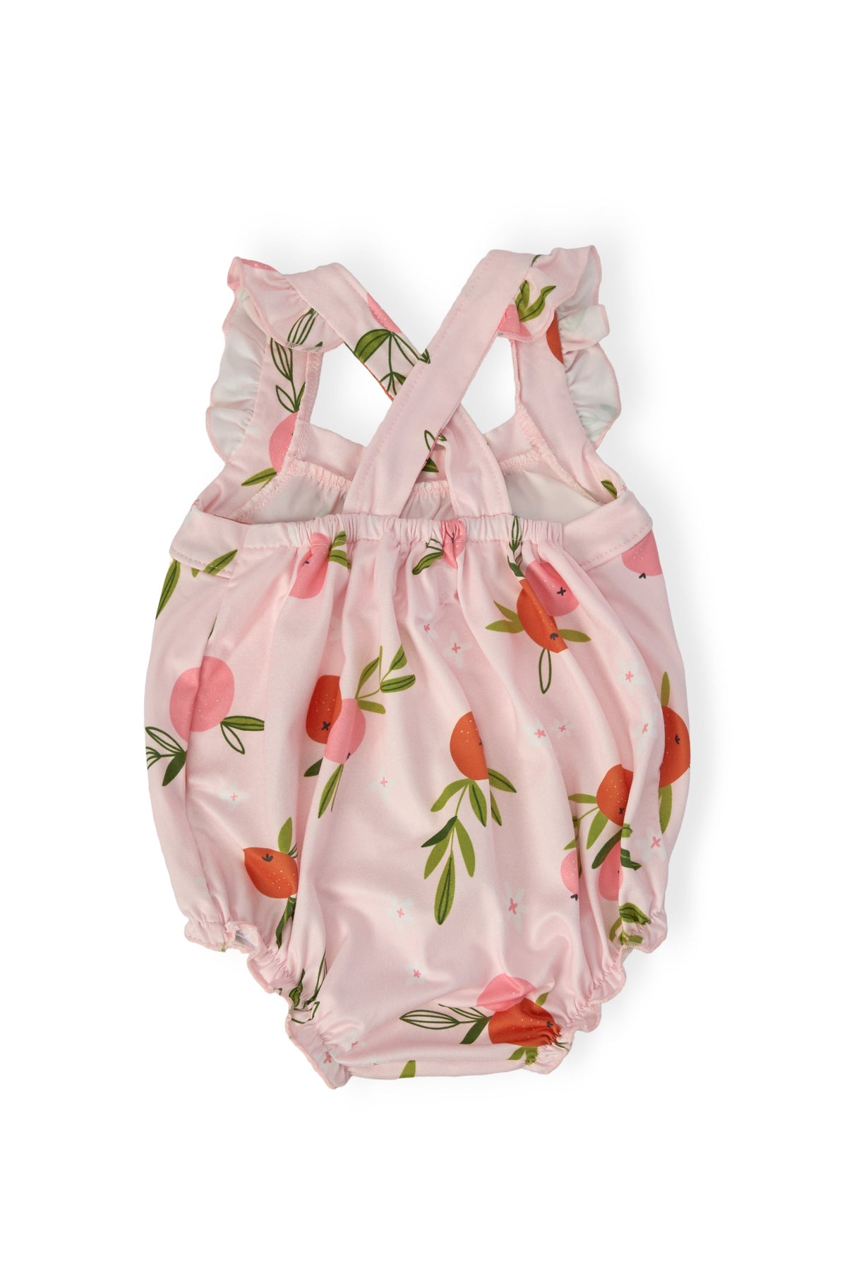baby pink romper ruffle cross back romper with fruit print and ruffle straps