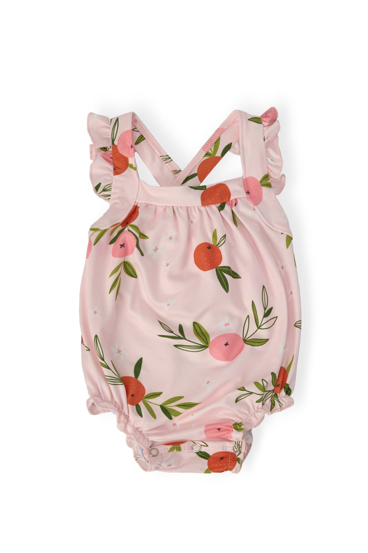 baby pink romper ruffle with orange and green floral print cross back sleeveless