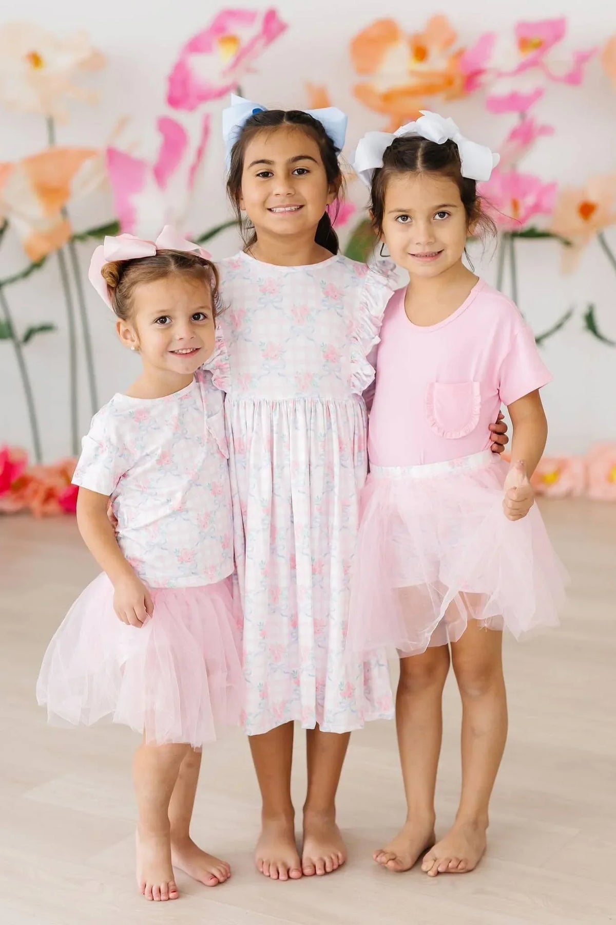 Girls pink ruffle twirl dress for girls with 3/4 sleeves by Mila & Rose, ages toddler to young child