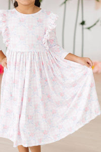 Girls pink ruffle twirl dress for girls by Mila Rose, 3 4 sleeve floral pattern size small