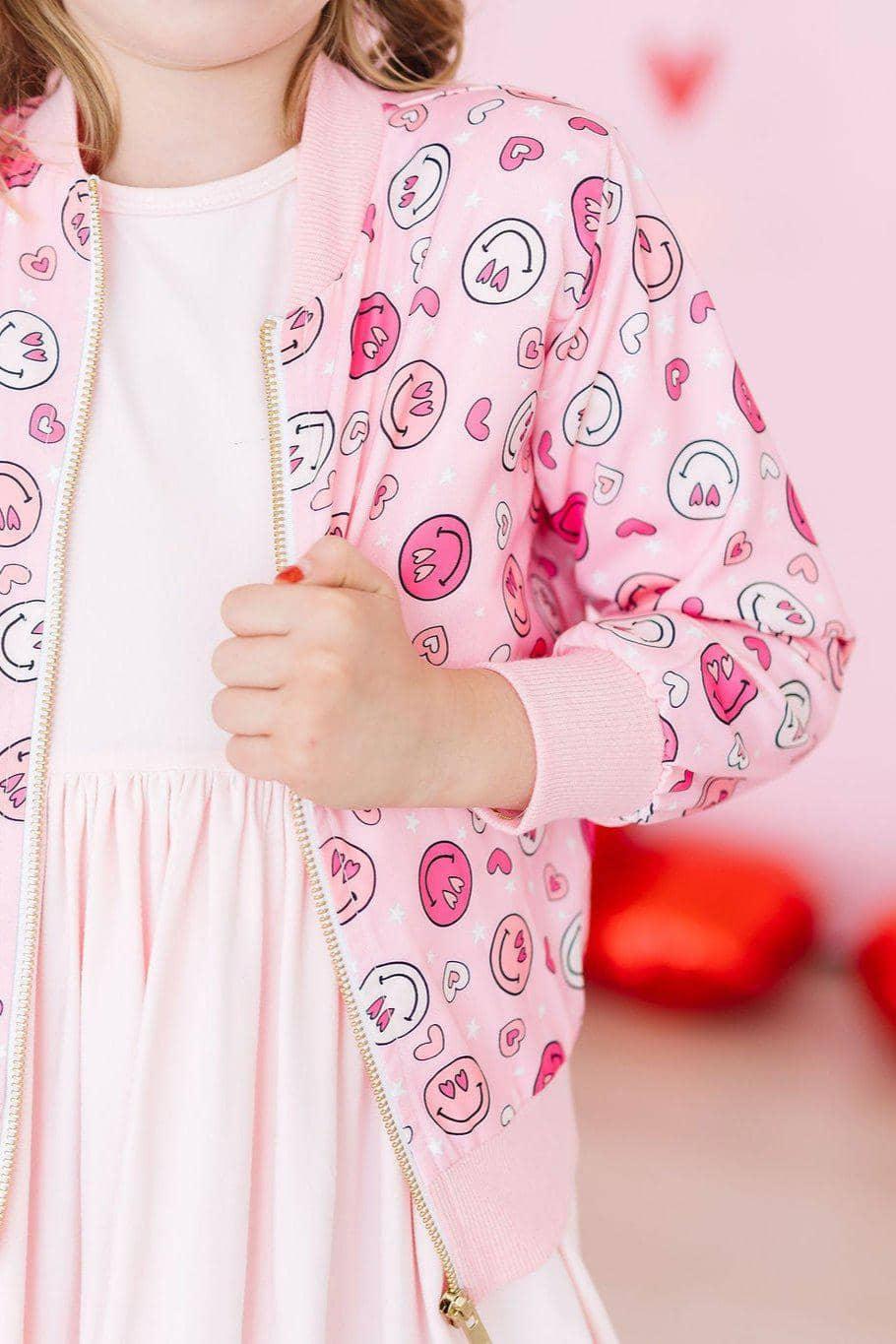 Girls pink satin jacket with heart and smiley face prints, long sleeve by Mila & Rose