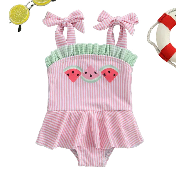 Pink seersucker baby swimsuit with watermelon print and green ruffle trim for infants