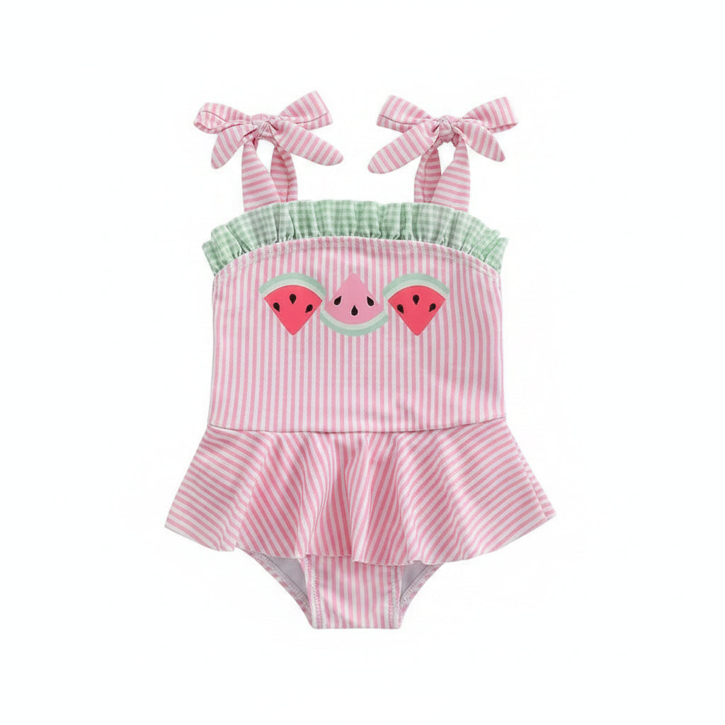 pink seersucker baby swimsuit with watermelon design and green ruffle for infants