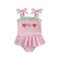 pink seersucker baby swimsuit with watermelon design and green ruffle for infants