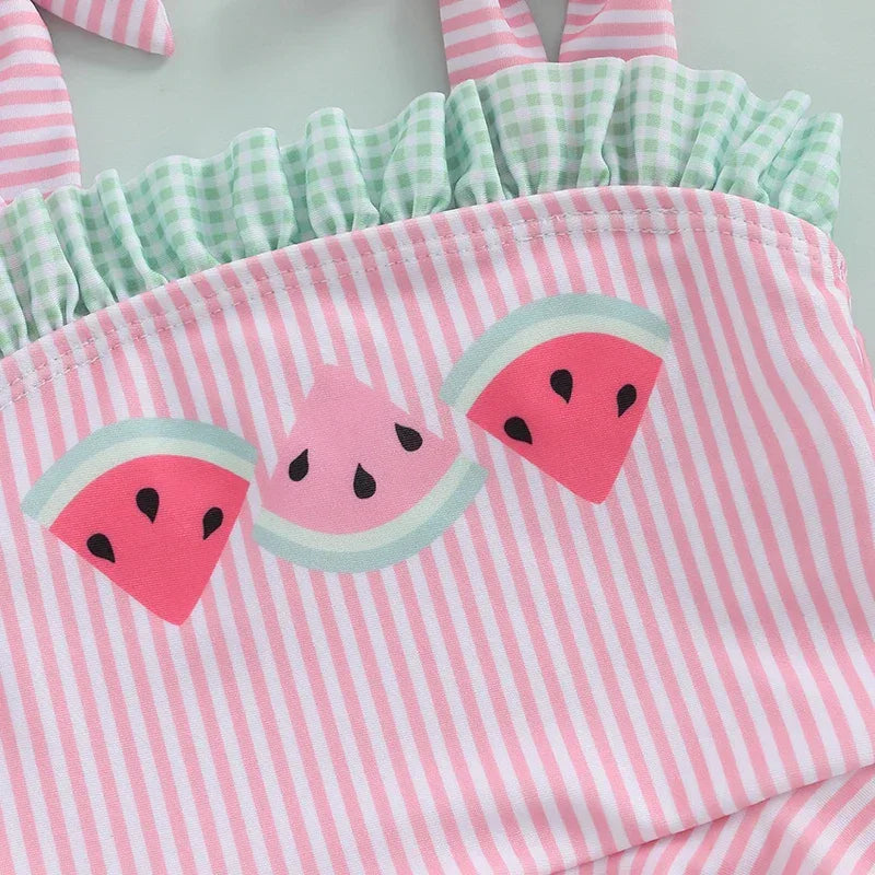 pink seersucker baby swimsuit with green gingham ruffle and watermelon print for infants