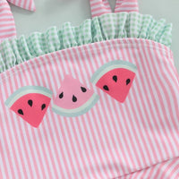 pink seersucker baby swimsuit with green gingham ruffle and watermelon print for infants