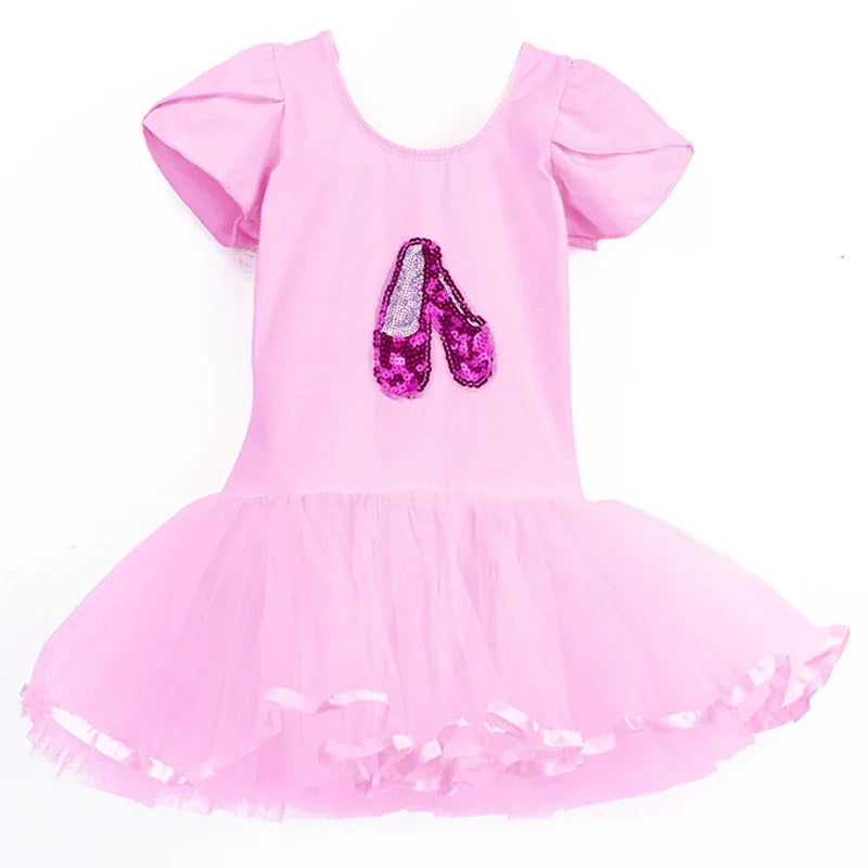 Pink sequin tutu dress for girls toddlers with puff sleeves and ballet shoe sequin detail