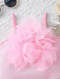 toddler pink shorts set with large fluffy flower detail on sleeveless top