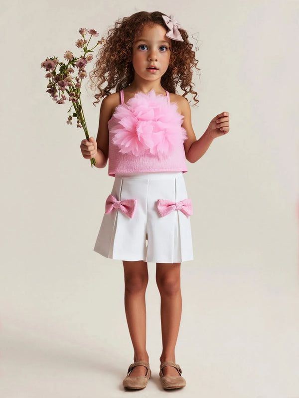 toddler girls pink shorts set with floral top and white shorts featuring pink bows