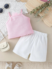 Toddler girls pink shorts set with sleeveless pink top and white elastic shorts