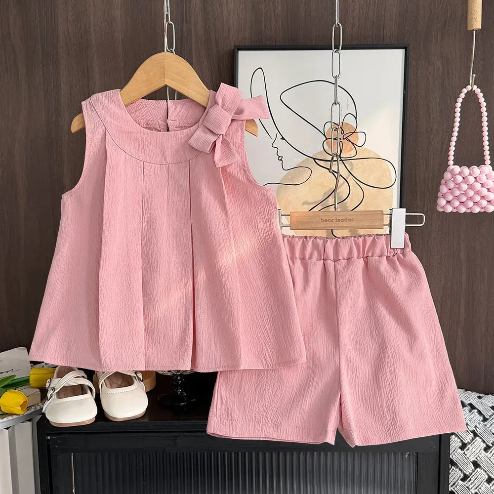toddler pink shorts set with sleeveless top and bow detail for girls