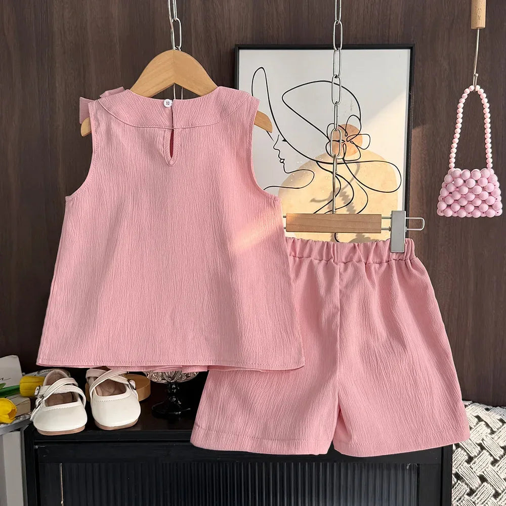 girls pink shorts set sleeveless top with ruffle collar and elastic waist shorts for toddlers