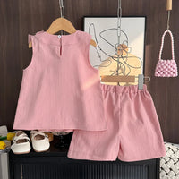 girls pink shorts set sleeveless top with ruffle collar and elastic waist shorts for toddlers