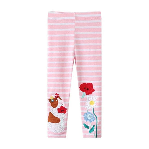 girls pink stripe kitty leggings for girls with floral and cat applique design