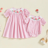 pink striped baby romper with floral embroidery and puff sleeves for infants