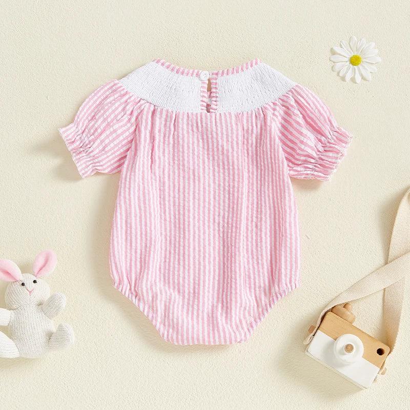 Pink and white striped baby romper with puff sleeves and smocked yoke for infants