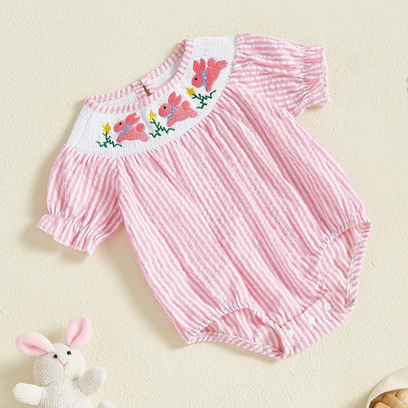 baby girls pink and white striped romper with embroidered floral neckline and puff sleeves