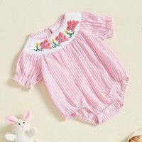 baby girls pink and white striped romper with embroidered floral neckline and puff sleeves