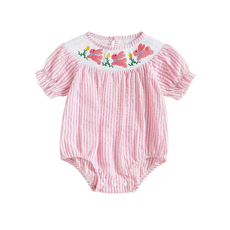 baby pink striped romper with puff sleeves and floral embroidery on yoke for infants