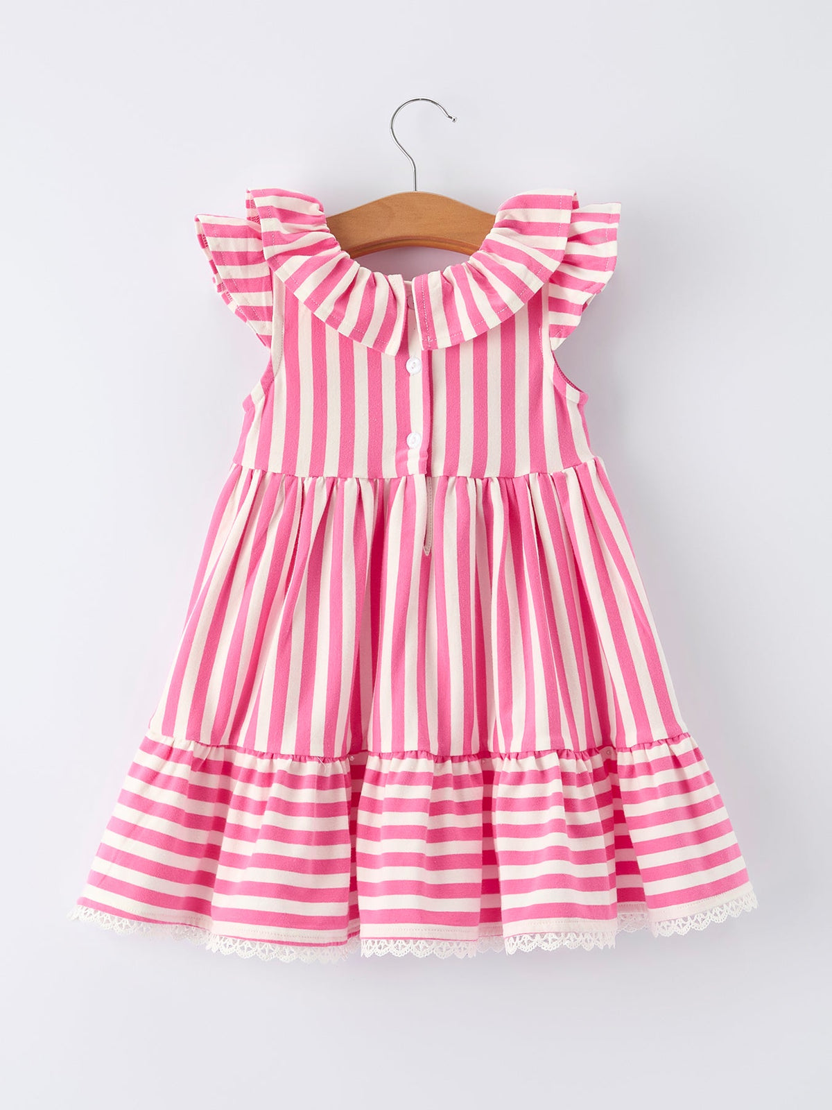 Pink striped girls dress with hat, toddler size ruffled collar sleeveless dress by Rylee Faith Designs