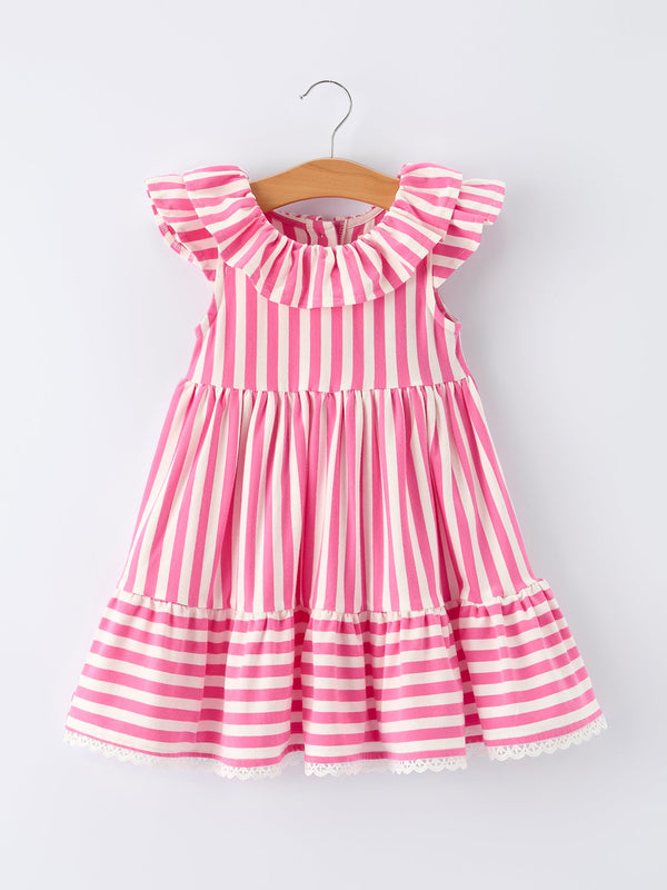 Rylee Faith Designs toddler pink striped girls dress with hat featuring ruffled collar and tiered skirt