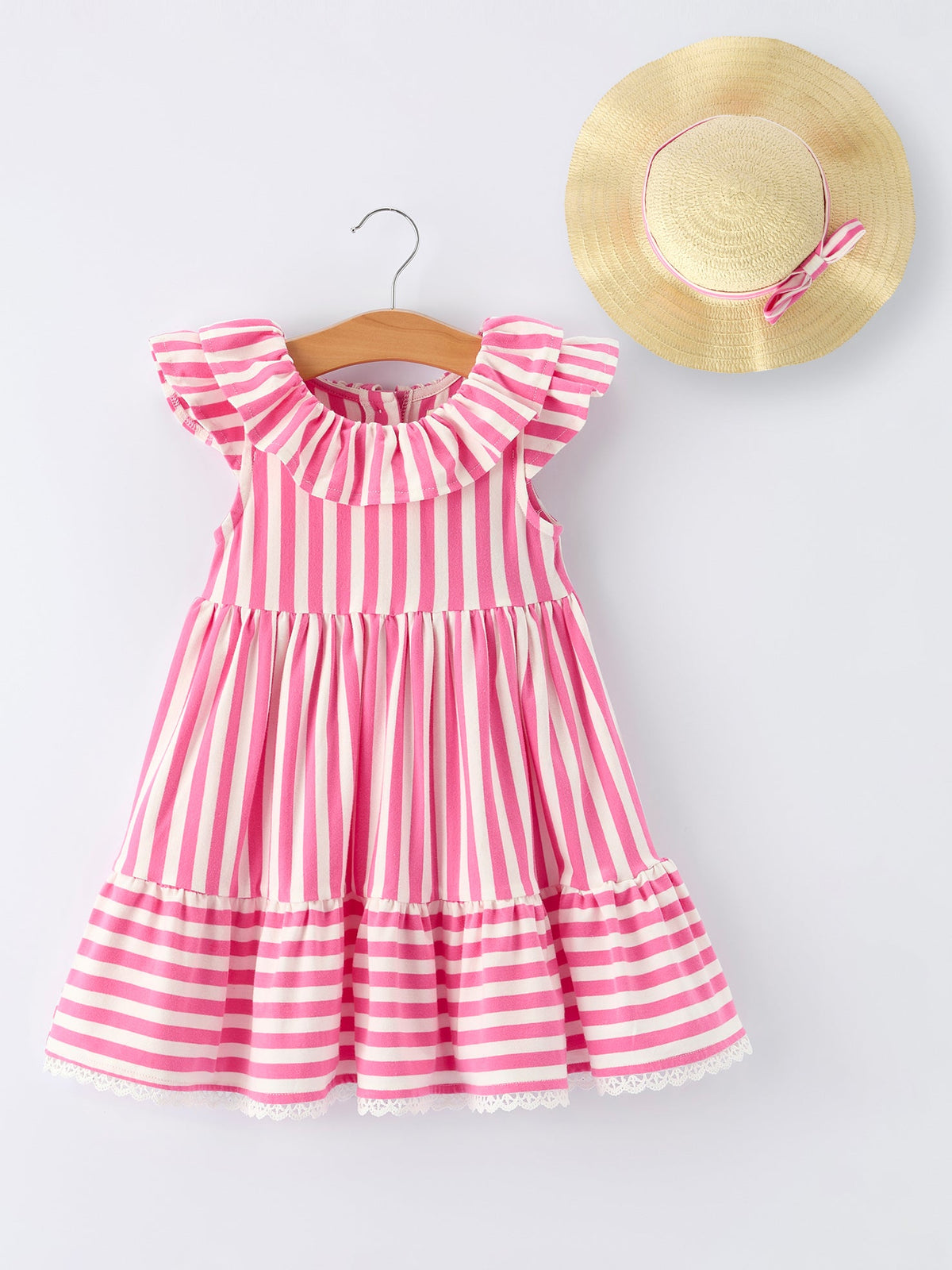 pink striped girls dress with hat by Rylee Faith Designs, toddler size with ruffled collar and matching straw hat