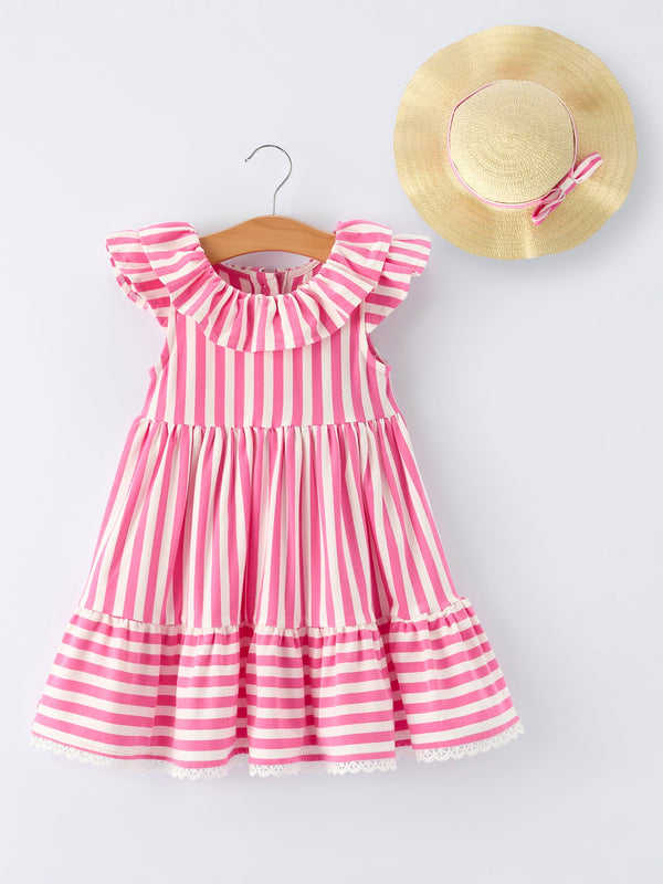 pink striped girls dress with hat by Rylee Faith Designs, toddler size with ruffled collar and matching straw hat