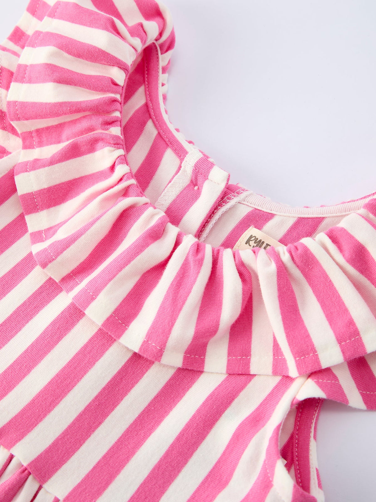 Rylee Faith Designs pink striped girls dress with hat featuring ruffled neckline and sleeveless design