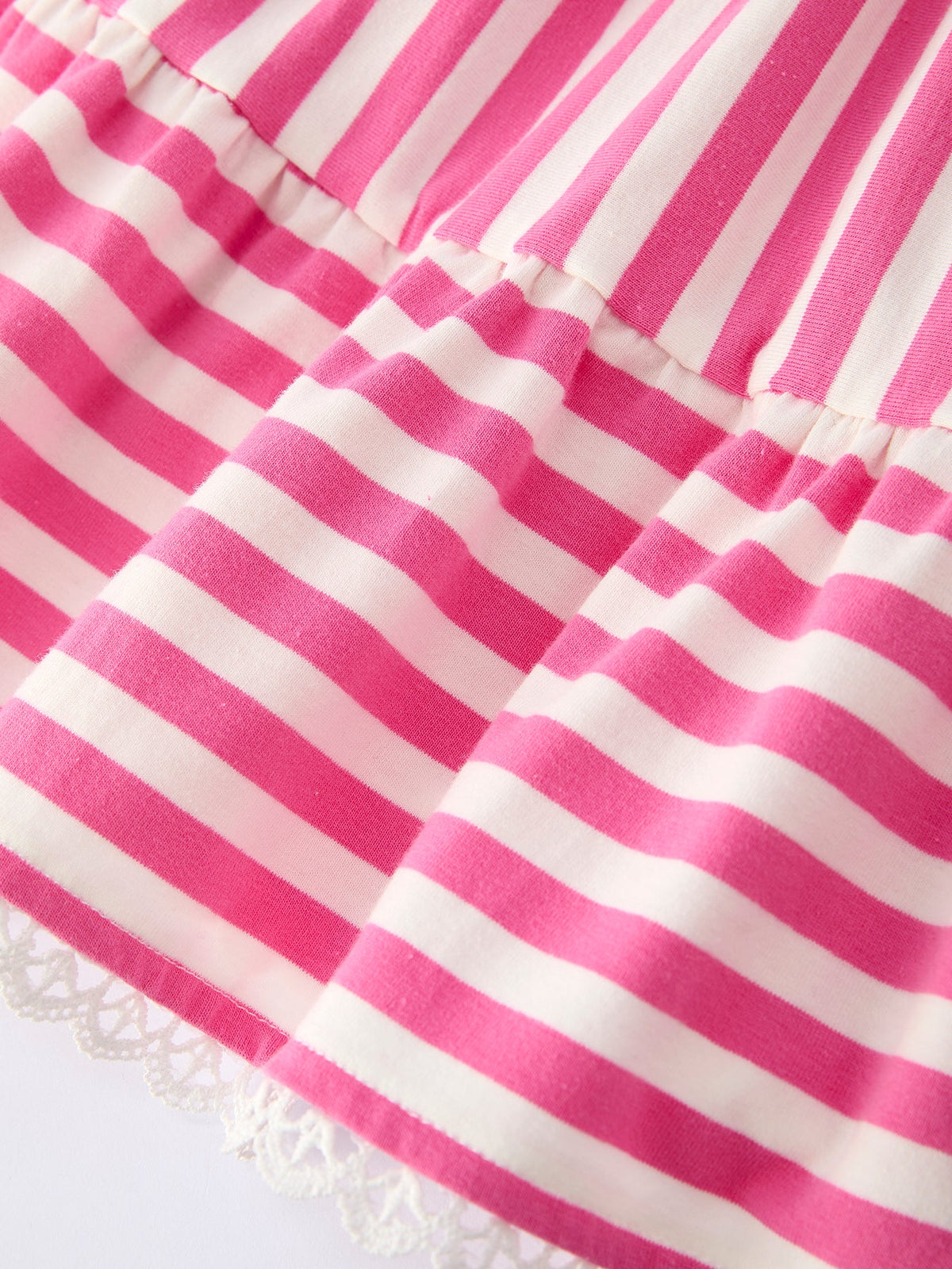 Pink striped girls dress with hat by Rylee Faith Designs in toddler size with lace trim detail