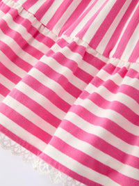 Pink striped girls dress with hat by Rylee Faith Designs in toddler size with lace trim detail