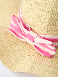 Girls straw hat with pink striped bow matching pink striped girls dress with hat by Rylee Faith Designs