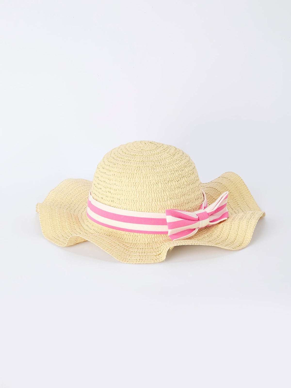 Girls straw sun hat with pink striped band and bow detail for children