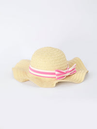Girls straw sun hat with pink striped band and bow detail for children