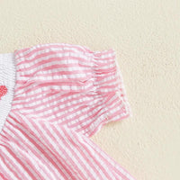 baby girls pink and white striped romper with puff sleeves and smocked details
