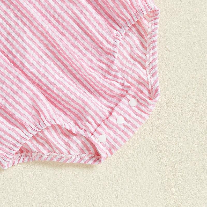 pink and white striped baby romper with snap buttons for easy diaper changes