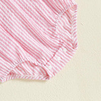 pink and white striped baby romper with snap buttons for easy diaper changes