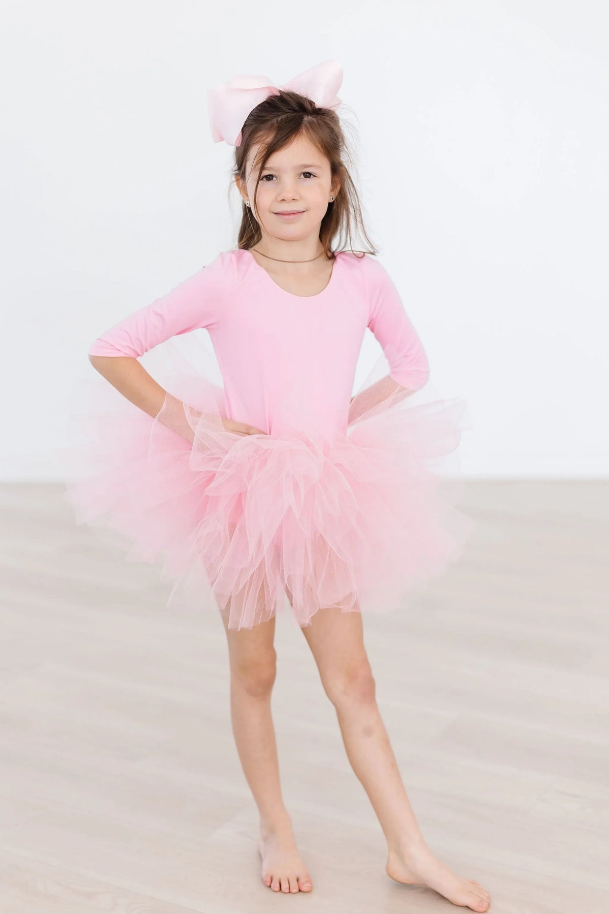 Girls pink tutu leotard for girls by Mila & Rose, 3/4 sleeve with fluffy tulle skirt