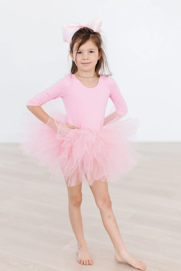 Girls pink tutu leotard for girls by Mila & Rose, 3/4 sleeve with fluffy tulle skirt