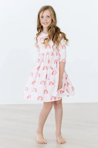 Girls pink twirl dress for girls with 3/4 sleeves and rainbow print, size for young girls