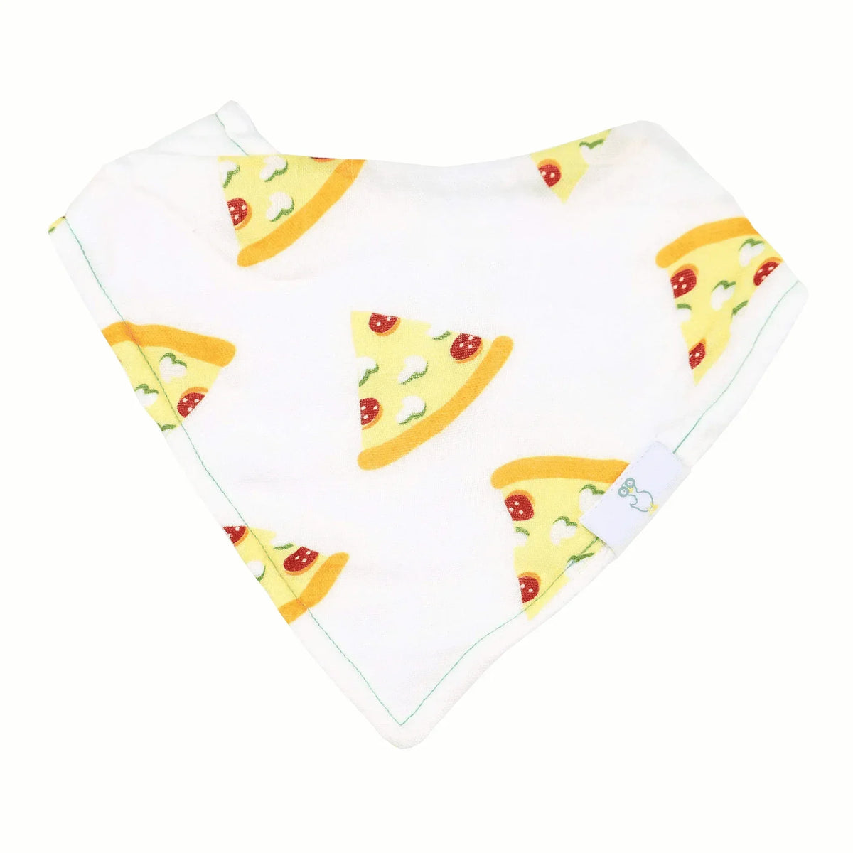 White baby bib with yellow pizza slice pattern for newborns from pizza baby bib set by Goosewaddle