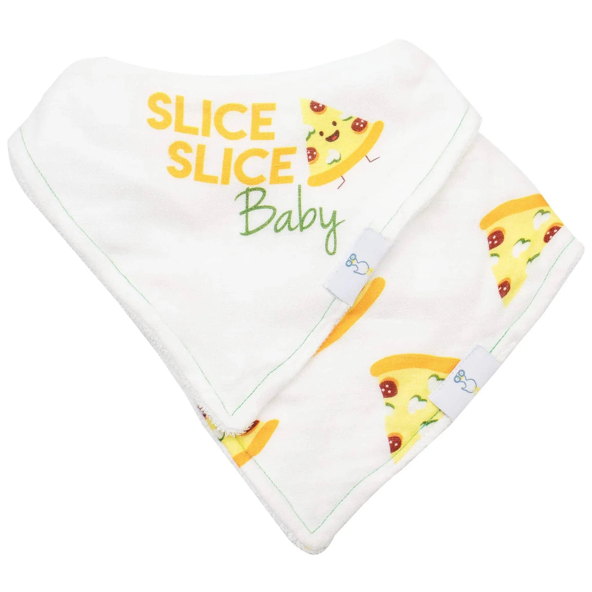 White pizza baby bib set with yellow and green pizza slice design for newborns